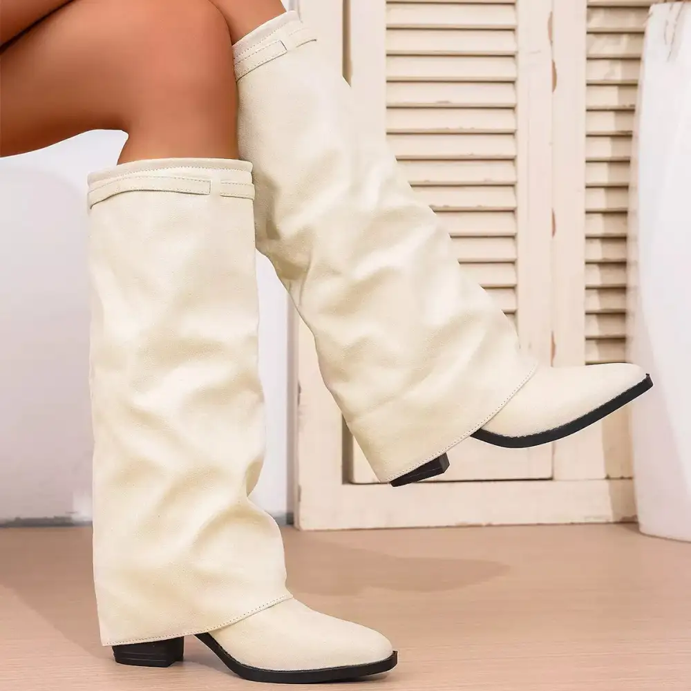 Textured Pointed Toe Block Heel Boots