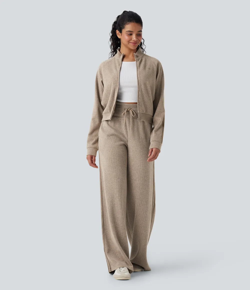2026🔥  Ribbed SoCinched High Waisted Tummy Control Drawstring Wide Leg Color Block Casual Trousers with Pockets