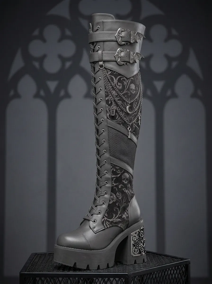Dark Skull Chain Floral Alternative Look Women's Gothic Platform Knee High Boots