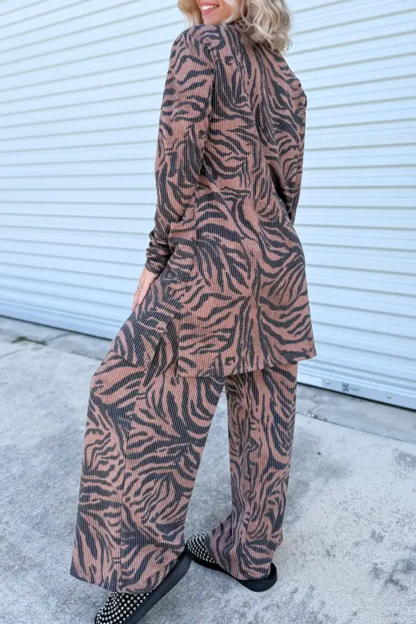 Women's Twisted Ribbed Zebra Print Open Cardigan Wide Leg Pant Set