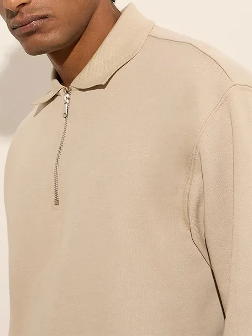 Casual Style Beige Loose Cotton-Blend Sweatshirt