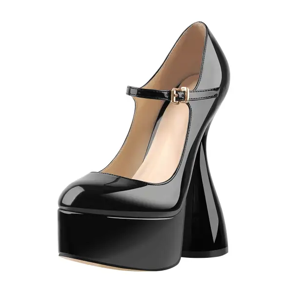 Patent Finish Round Toe Platform Chunky Heel Pumps