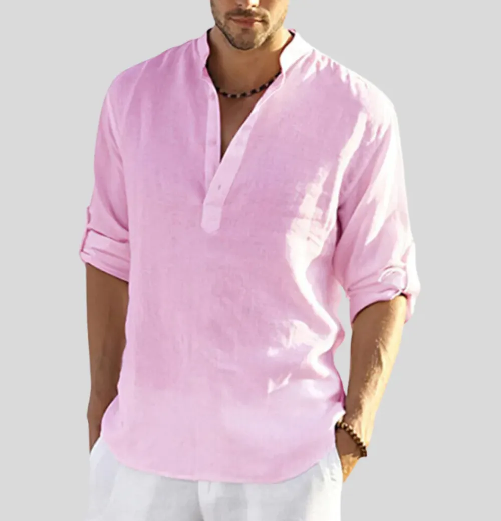 Linen Henley Collar Long Sleeve Shirt