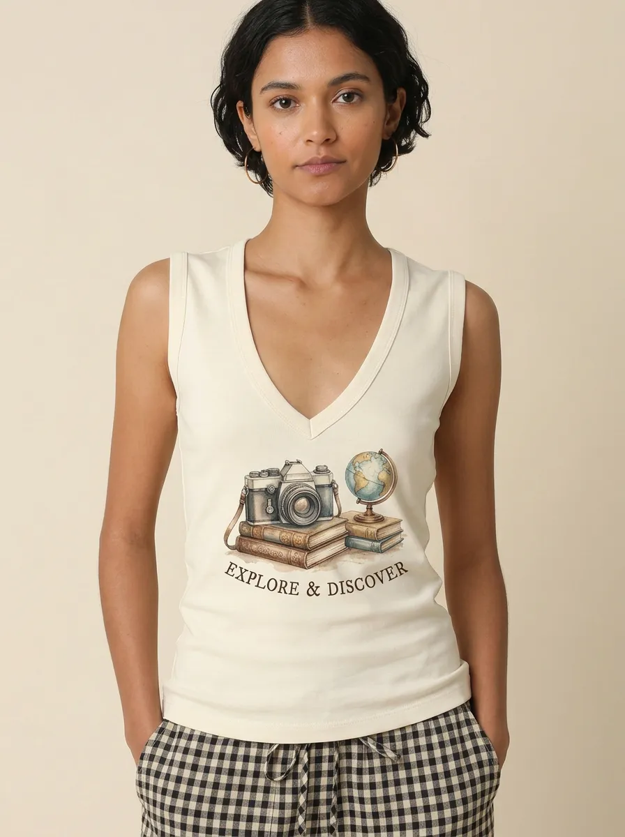 Women's Travel Explore Discover Camera Globe Graphic Tank Top