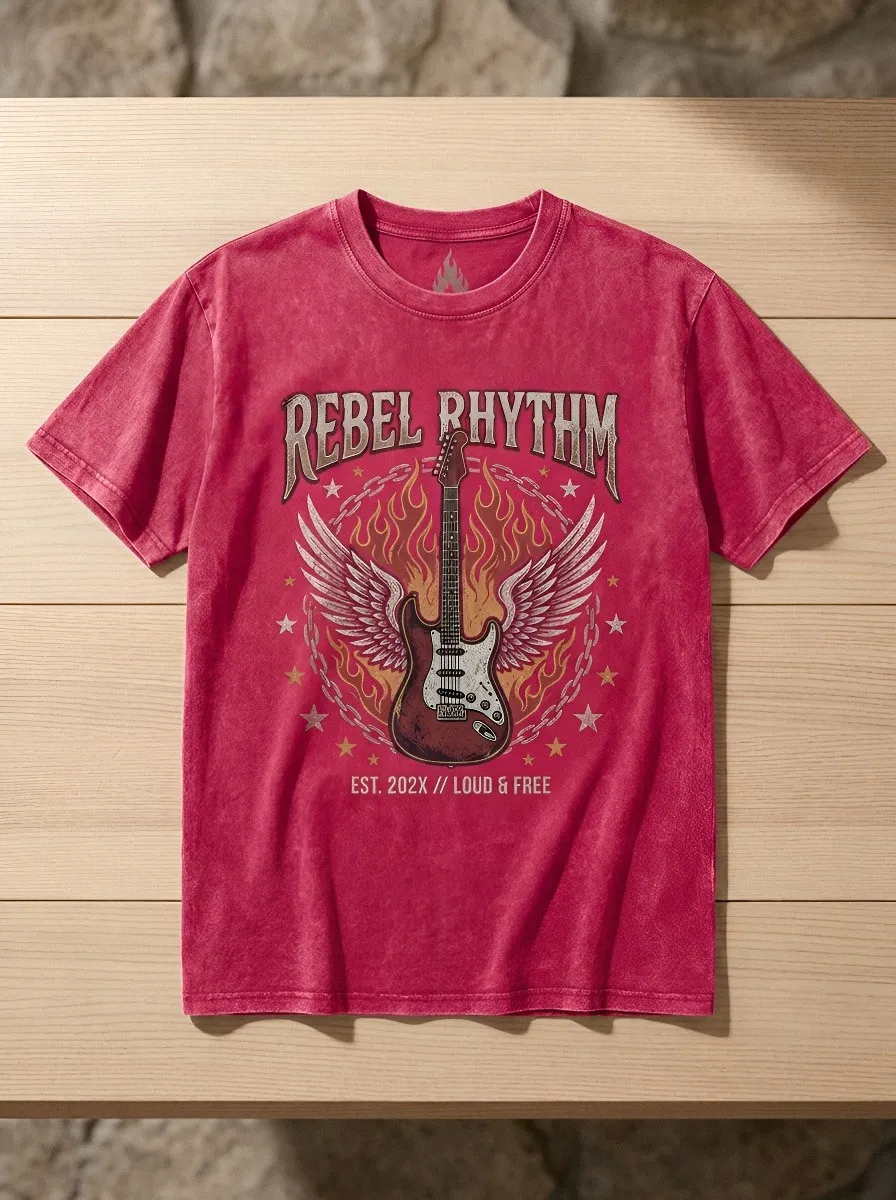 Unisex Rock Music Lover Winged Guitar Flame Printed T-shirt