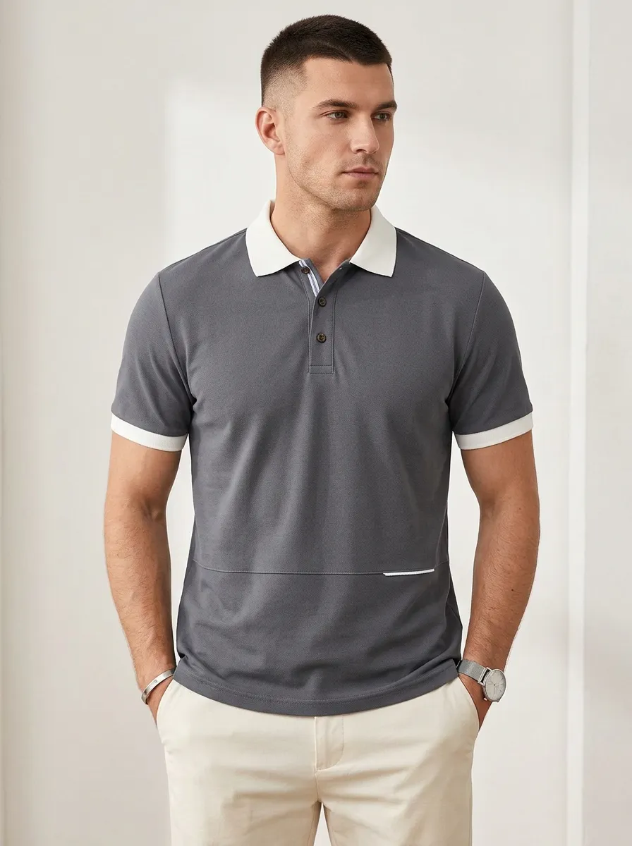 Men's Casual Minimalist Contrast Collar Printed Polo Shirt