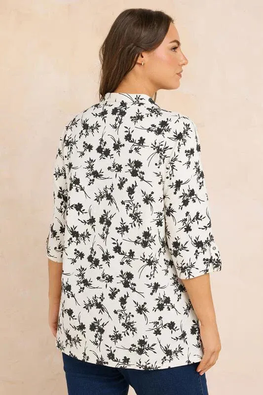 White Floral Premium Pintuck Henley Top