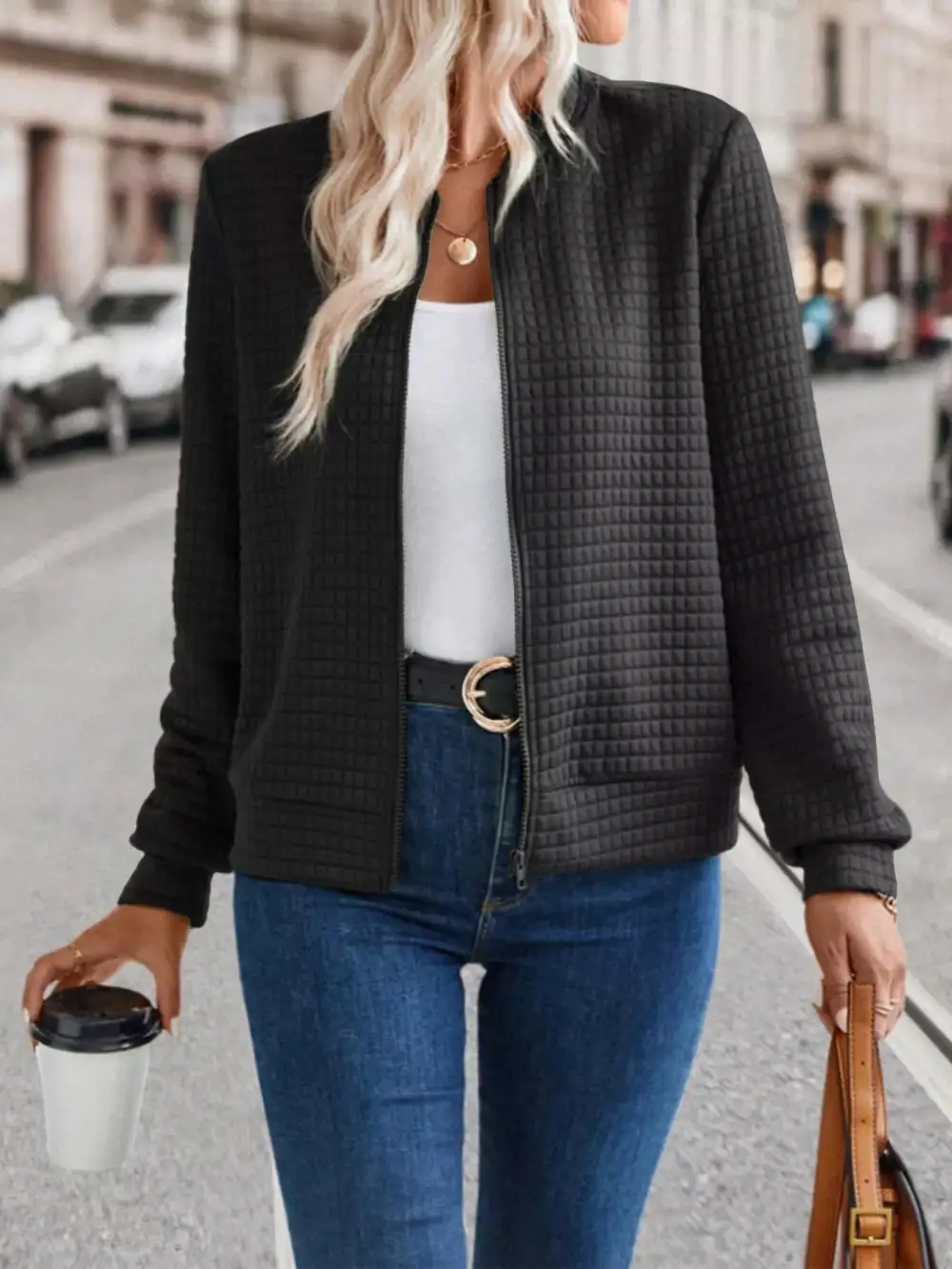 Textured Zip-up Long Sleeve Jacket