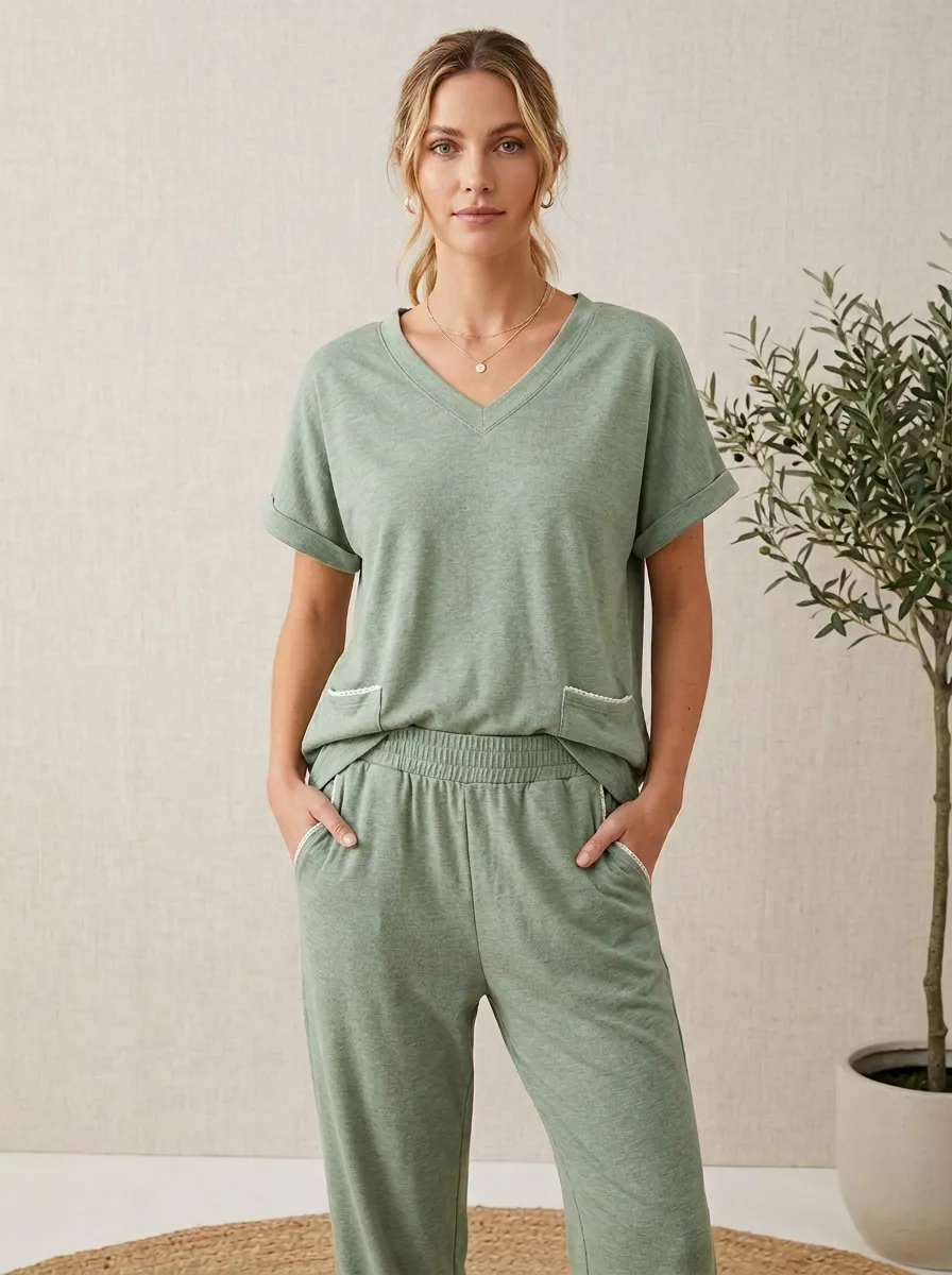 Short-Sleeve Contrast-Trim Women's V-Neck Shirt