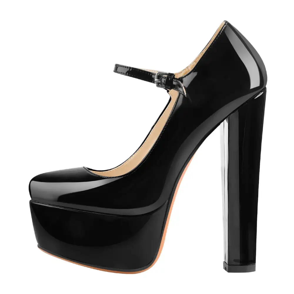 Modern Patent Finish Round Toe Platform Chunky Heel Ankle Strap Pumps