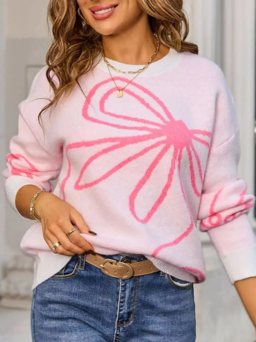 Long Sleeve Crew Neck Floral Sweater