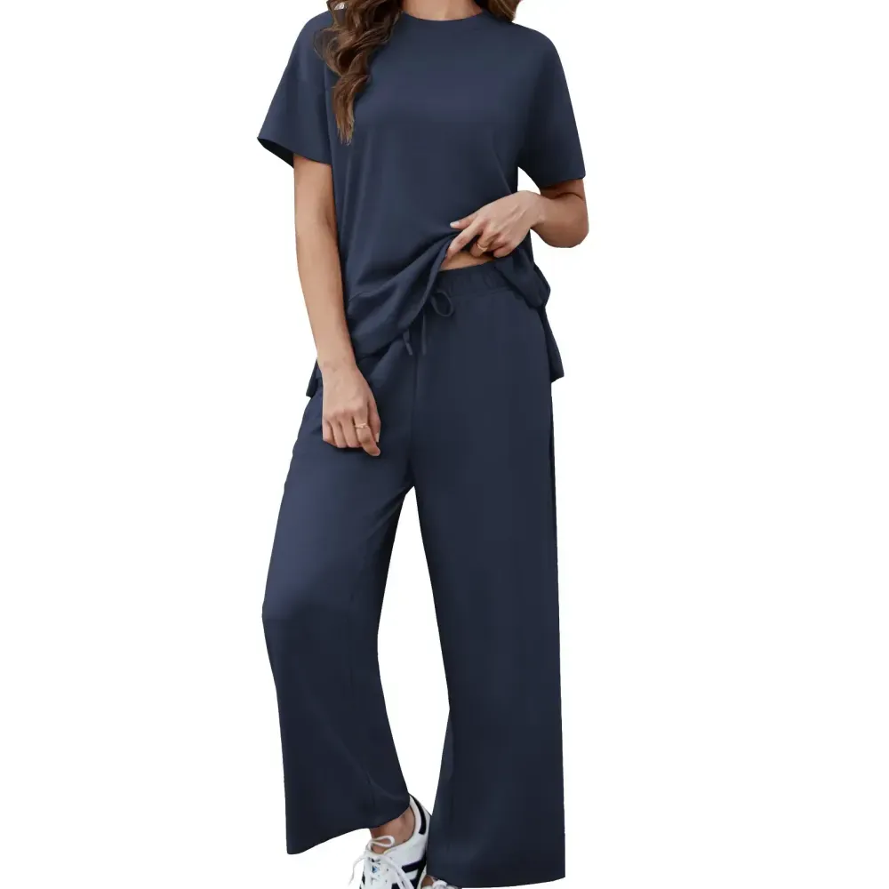 PINSPARK Women Summer Lounge Set with Short Sleeve Top & Wide Leg Pants