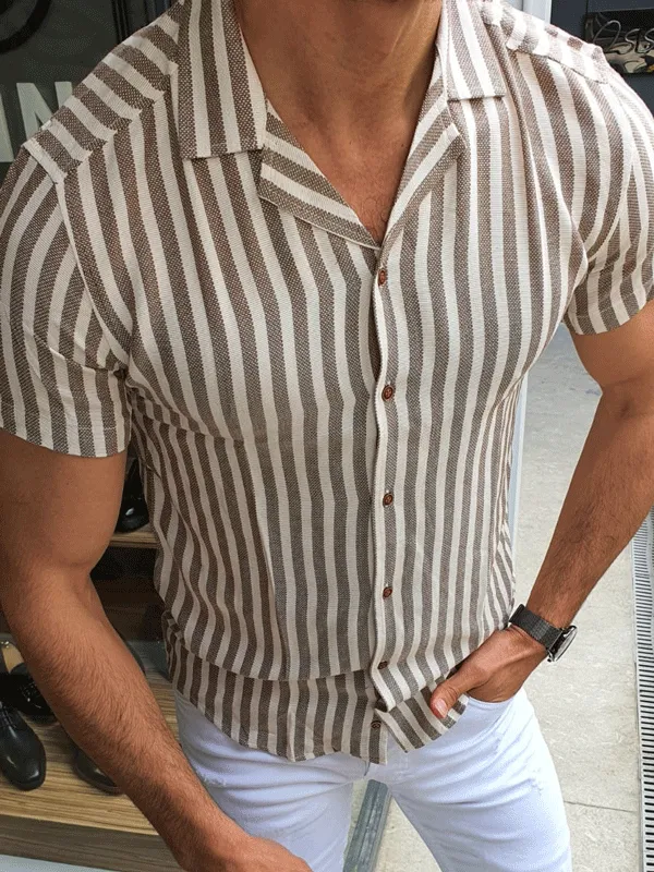 Modern Short Sleeve Slim Fit Striped Cotton Casual Shirt