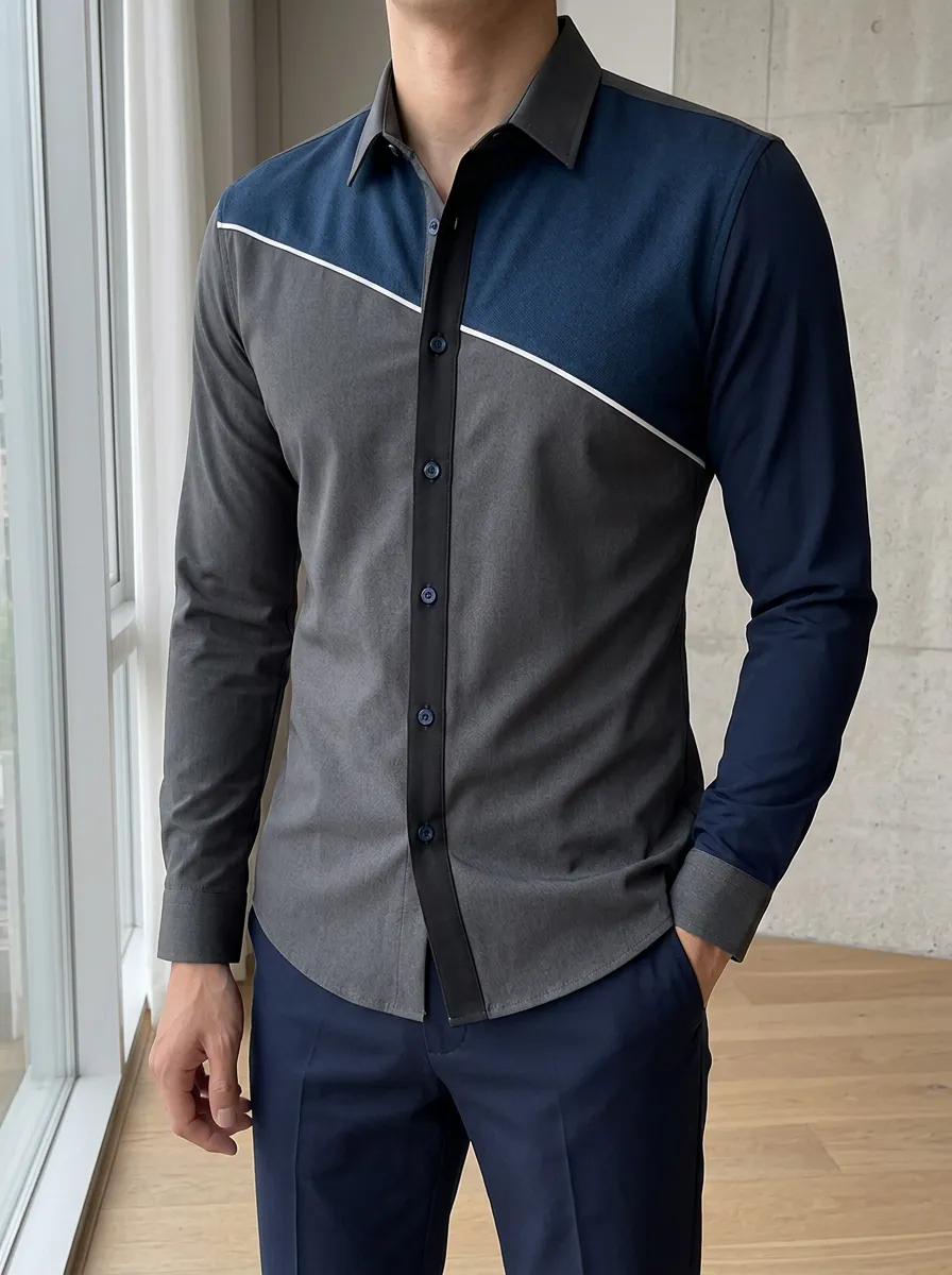 Men's Refined Colorblock Patchwork Long Sleeve Slim Fit Shirt