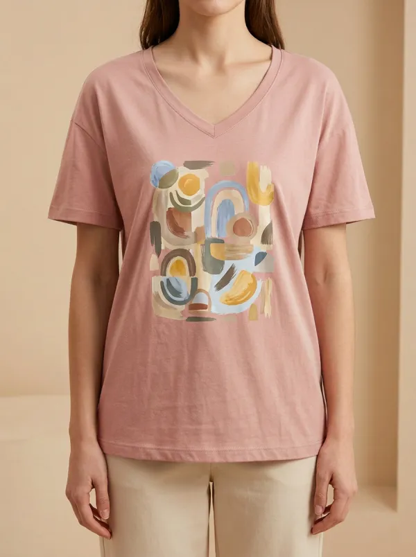 Women's Abstract Art Geometric Shapes Printed V-Neck T-Shirt
