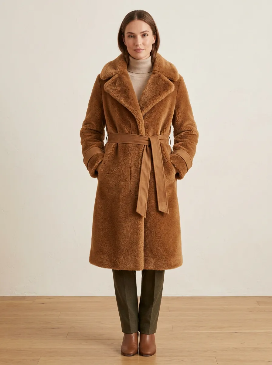 Textured Finish Faux Fur Belted Long Coat