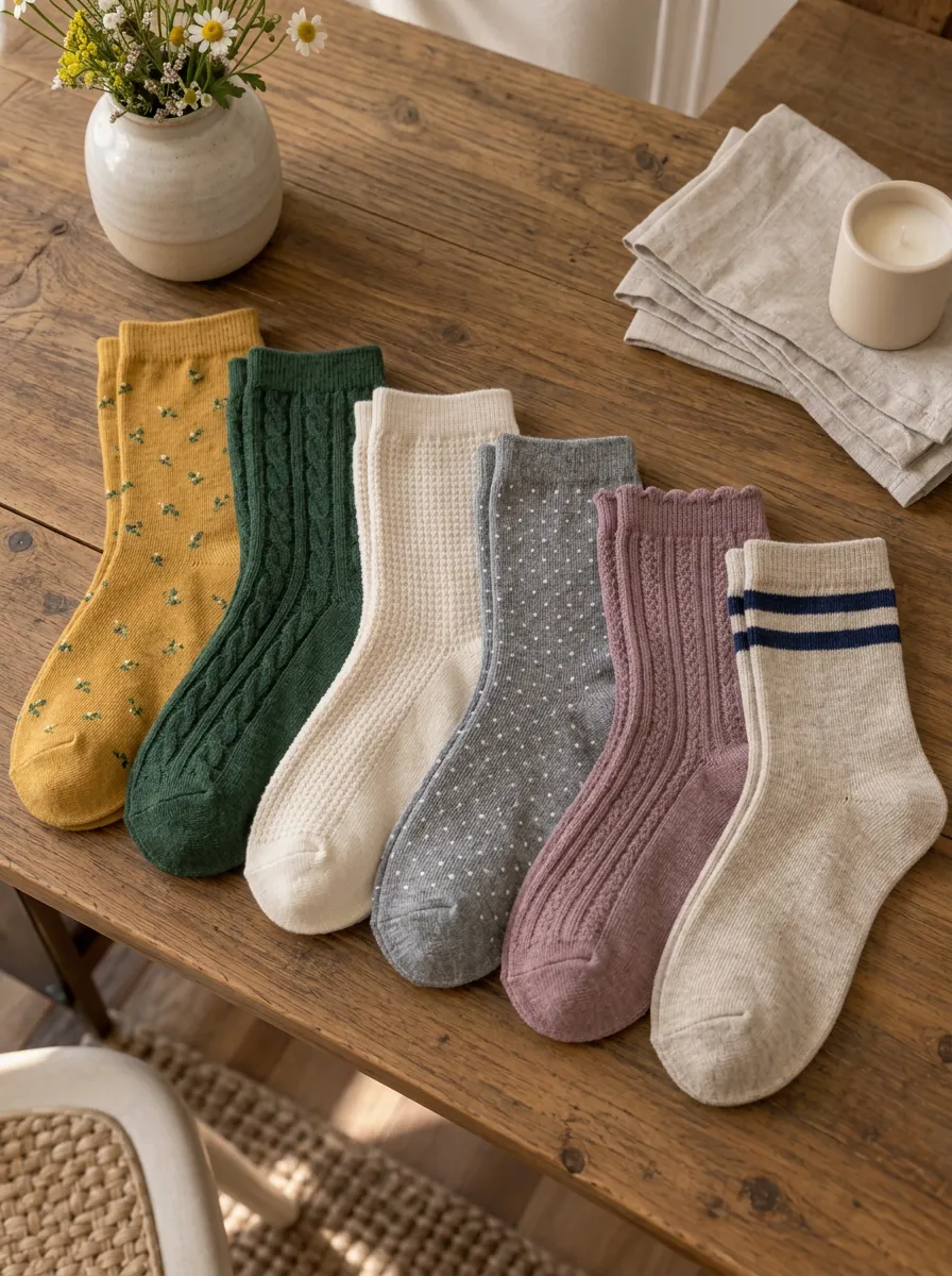 Women's Vintage Style Floral Cable Knit Polka Dot Printed Socks Set