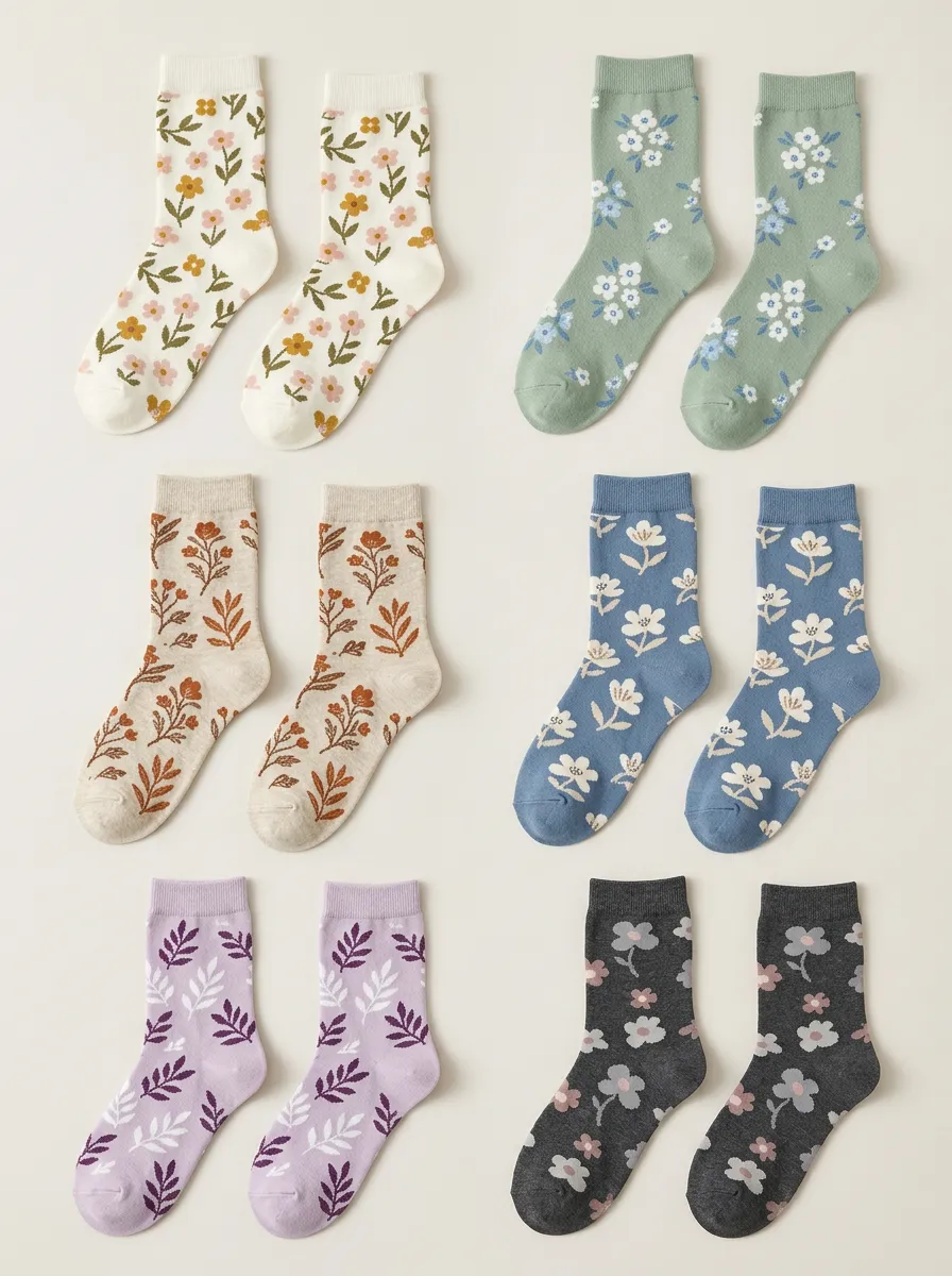 Women's Six-Pair Leaf Floral Ribbed Crew Sock Set
