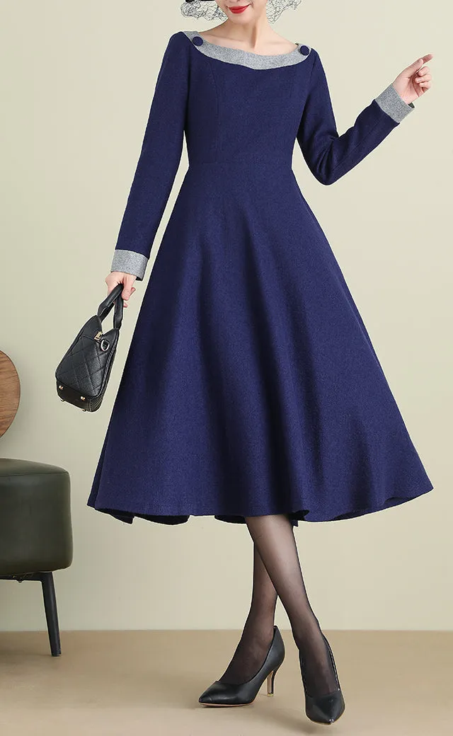 Structured Wool Blend A Line Long Sleeve Midi Dress