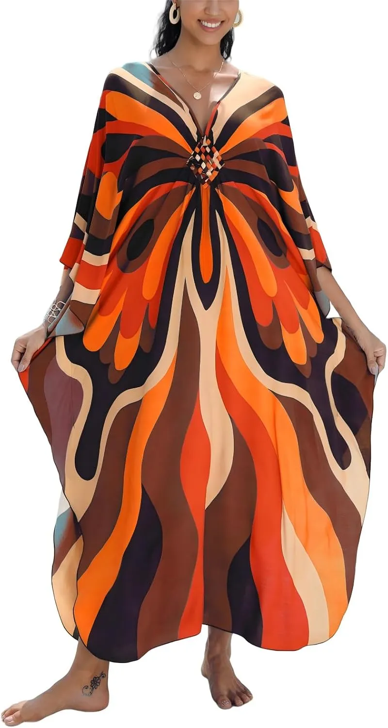 IMAGEKOPE Kaftan Dresses for Women Plus Size V-Neck Moo Moos Batwing Kaftan Beach Dress Bathing Suit Cover-Up Loungewear