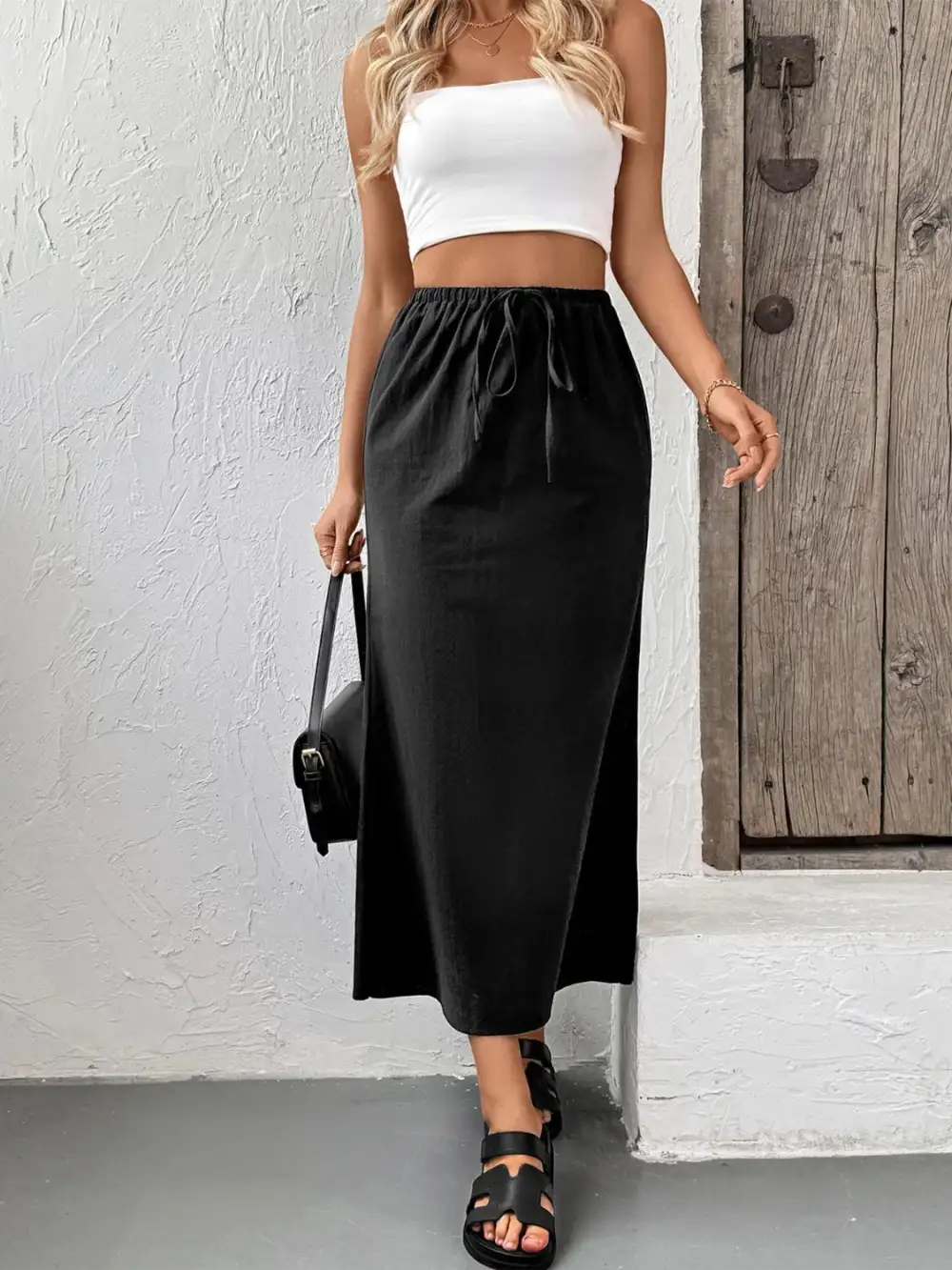 Chic Cotton Blend Drawstring Detail Skirt