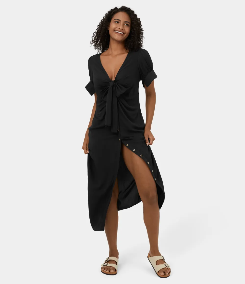 Deep V Neck Bishop Sleeve Button Tie Front Ruched Midi Casual Dress
