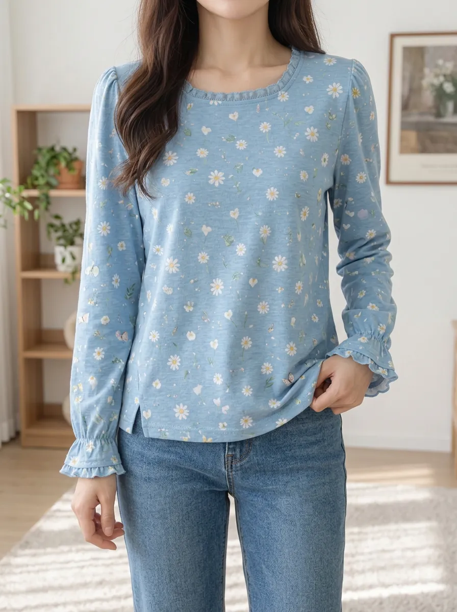 Women's Sweet Style Daisy Floral Printed Ruffle Long Sleeve Top