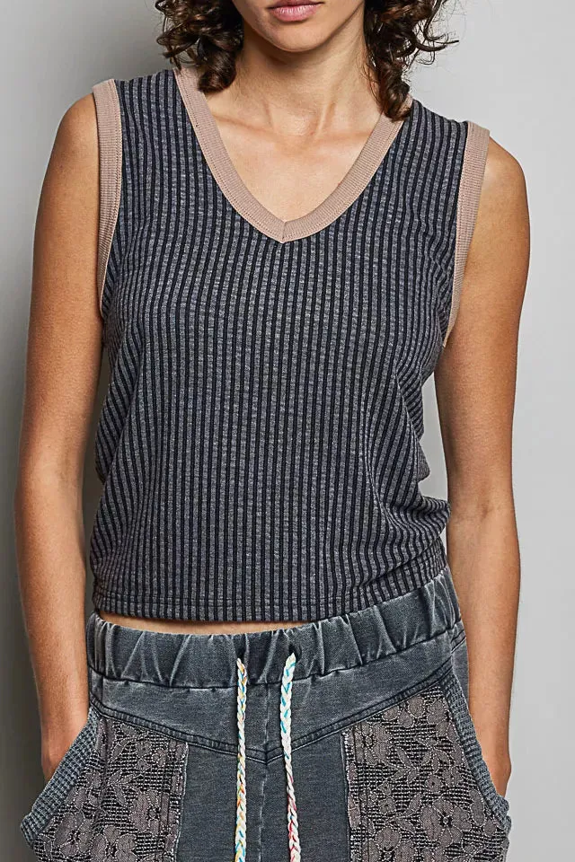 Soft V Neck Contrast Ribbed Sleeveless Tank Top