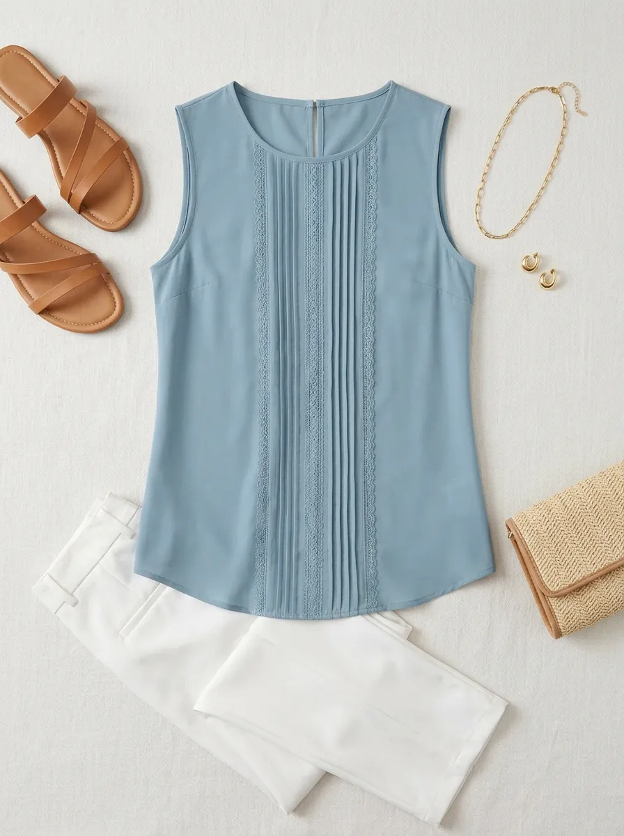 Pleated Lace Trim Sleeveless Blouse