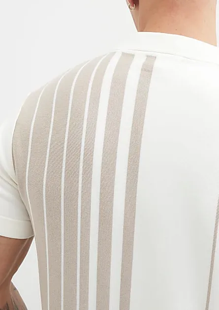 Men's White Slim Fit Light Khaki Striped Zip-Neck Polo Shirt