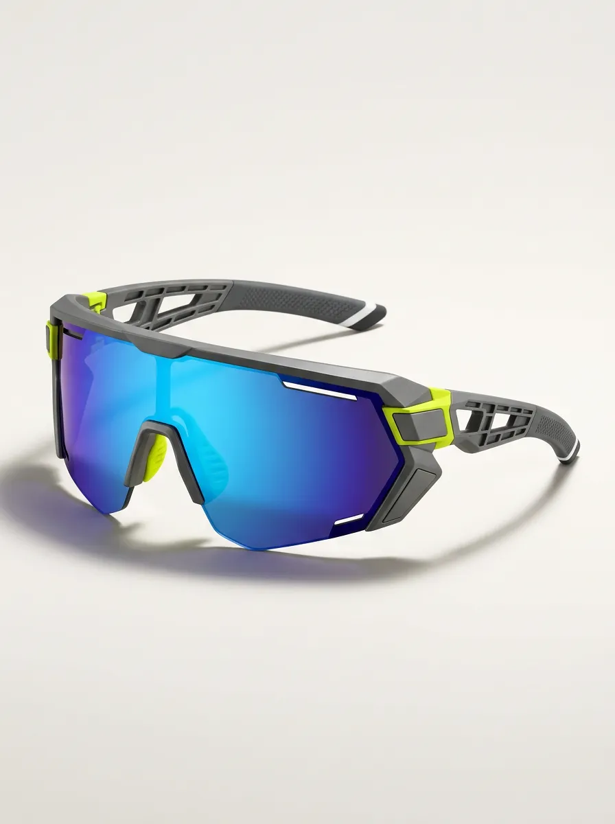 Men's Cycling Sports Blue Mirror Neon Yellow Frame Sunglasses