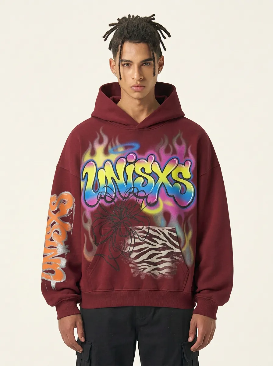 Unisex Streetwear Graffiti Flame Flower Graphic Hoodie