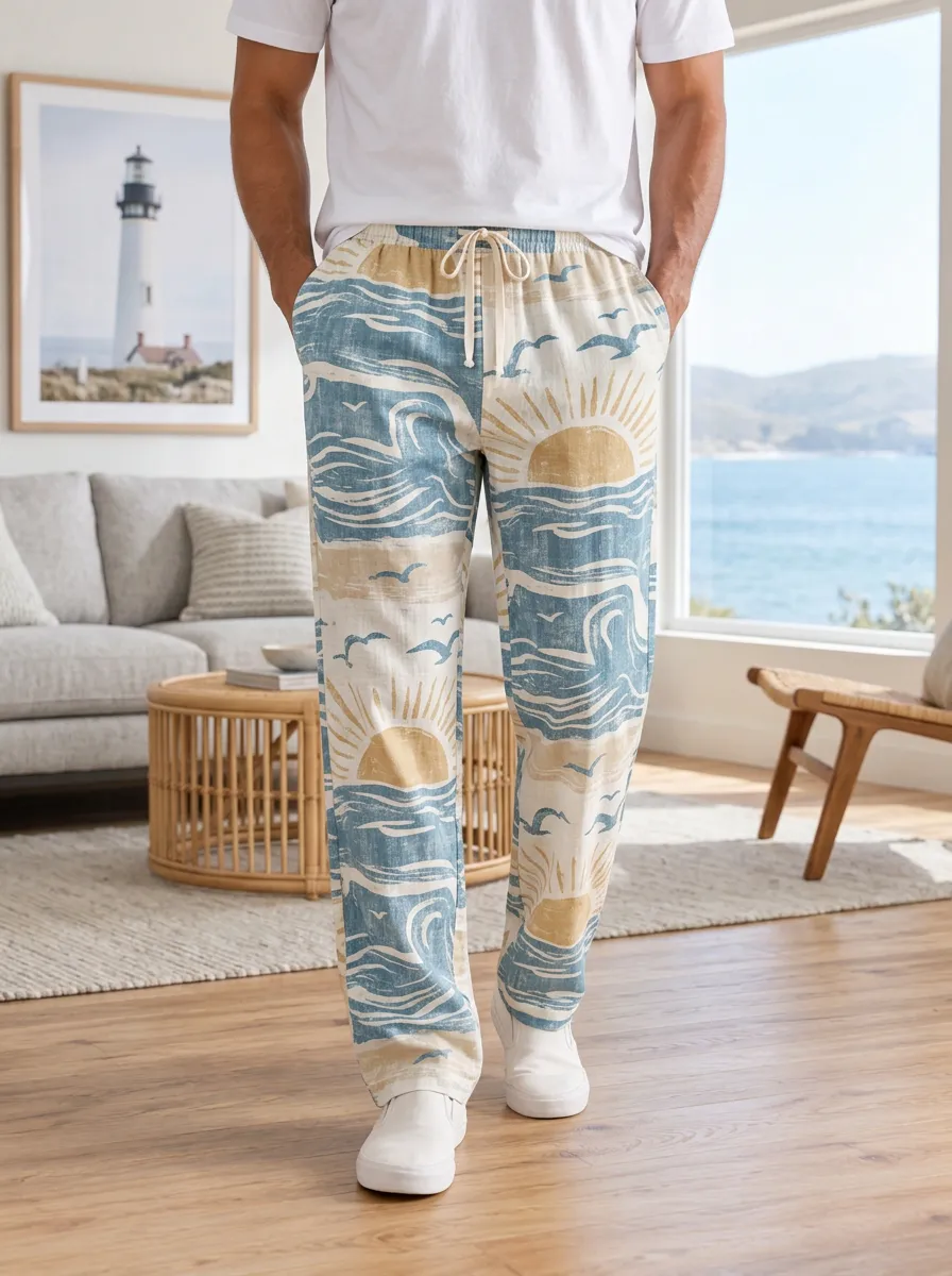 Men's Beach Lover Ocean Sunset Seagull Printed Pants