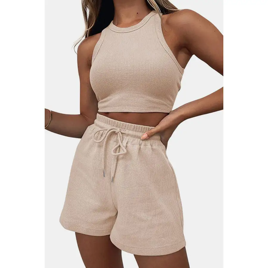 Relaxed Round Neck Top and Drawstring Shorts Set