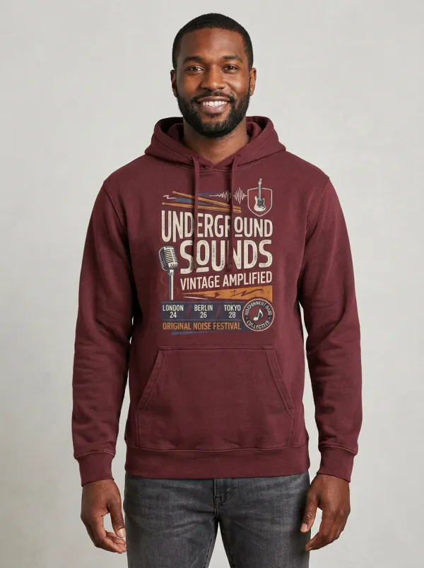 Men's Music Lover Underground Sounds Drum Guitar Printed Hoodie