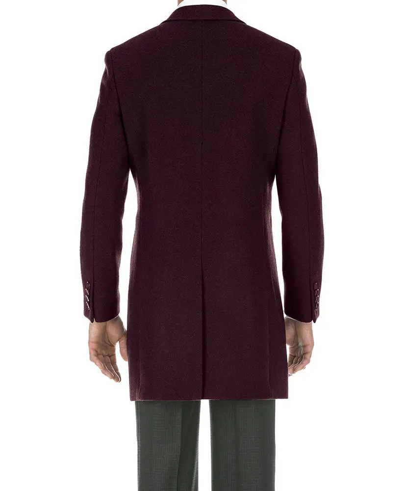Burgundy Slim Fit Wool Notch Lapel Long Sleeve Overcoat
