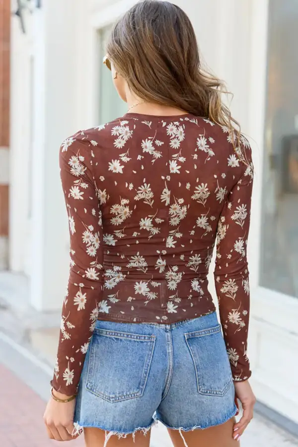 Floral Print Mesh Fitted Stretch Fabric Long Sleeve Top