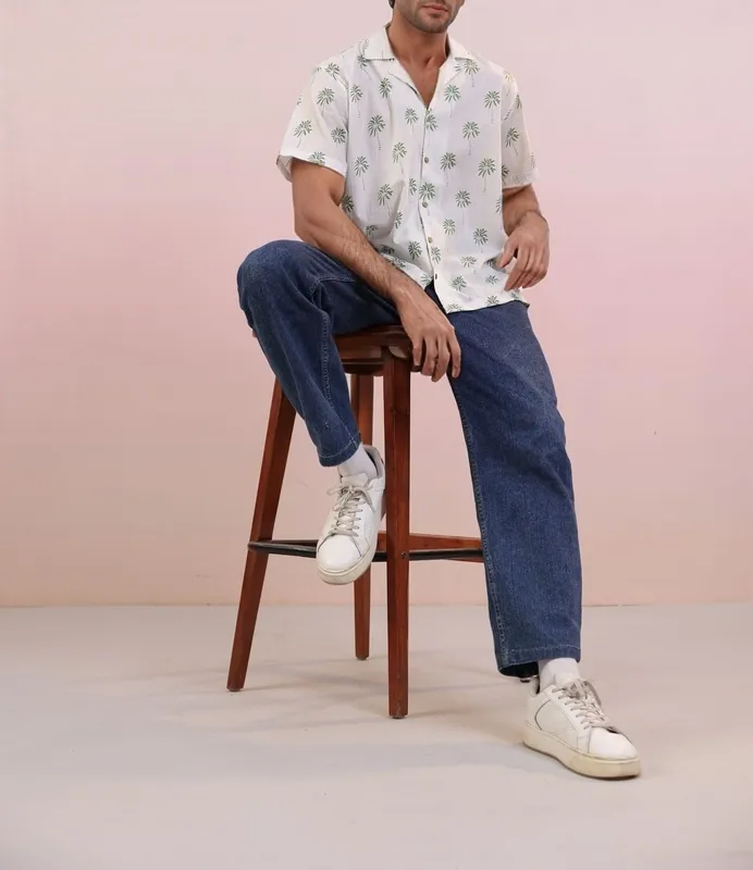 White Palm Leaf Mulmul Cotton Camp Collar Shirt