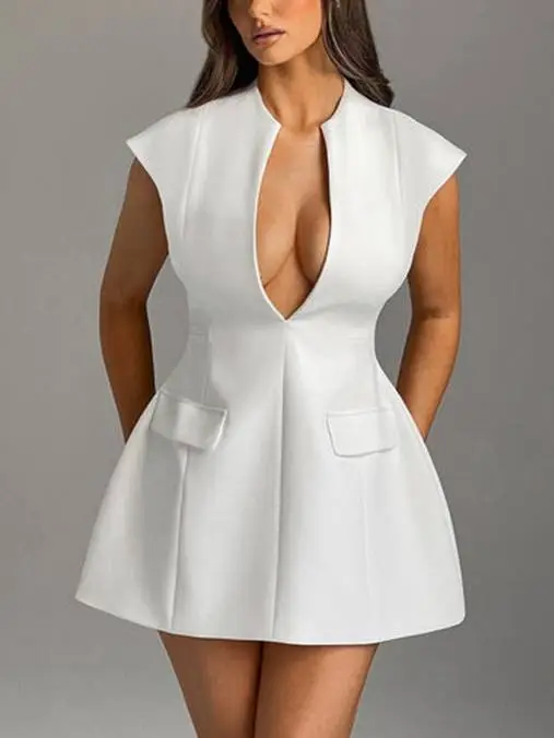 Flying Sleeve Deep Neck Mini Dress