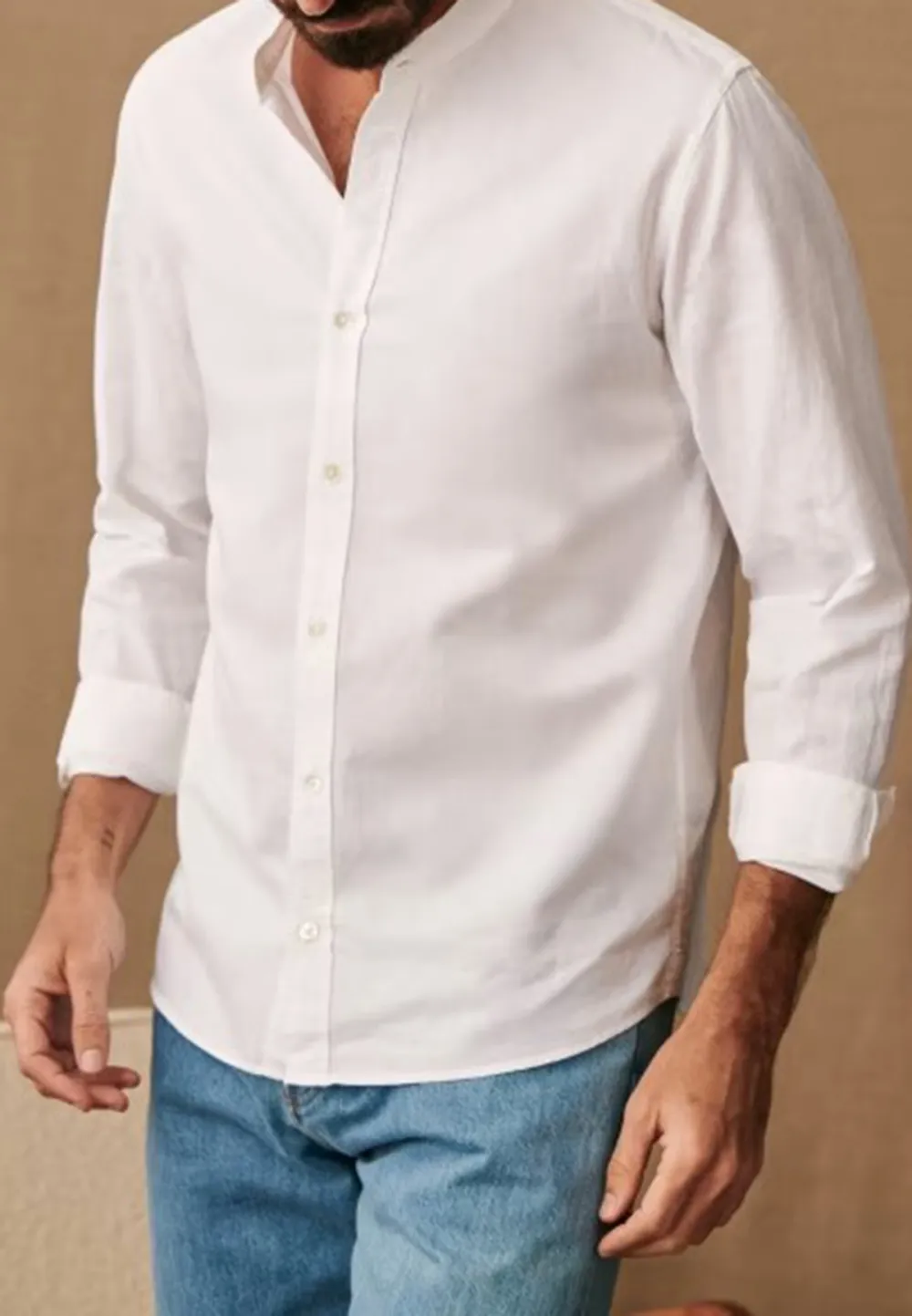 Classic White Cotton Linen Blend Button Up Shirt