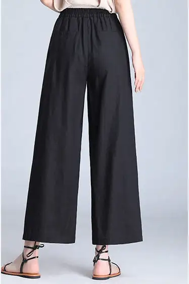 Textured Linen Wide Leg Elastic Waist Pocketed Trousers