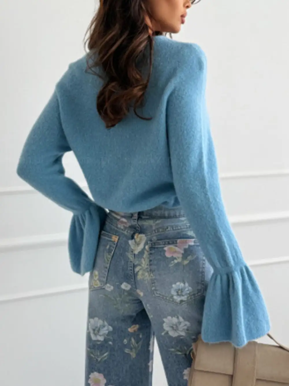 Round Neck Flounce Sleeve Sweater
