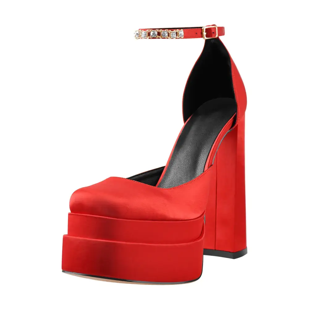Rhinestone Square Toe Double Platform Chunky Heel Pumps