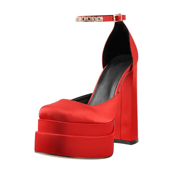 Rhinestone Square Toe Double Platform Chunky Heel Pumps