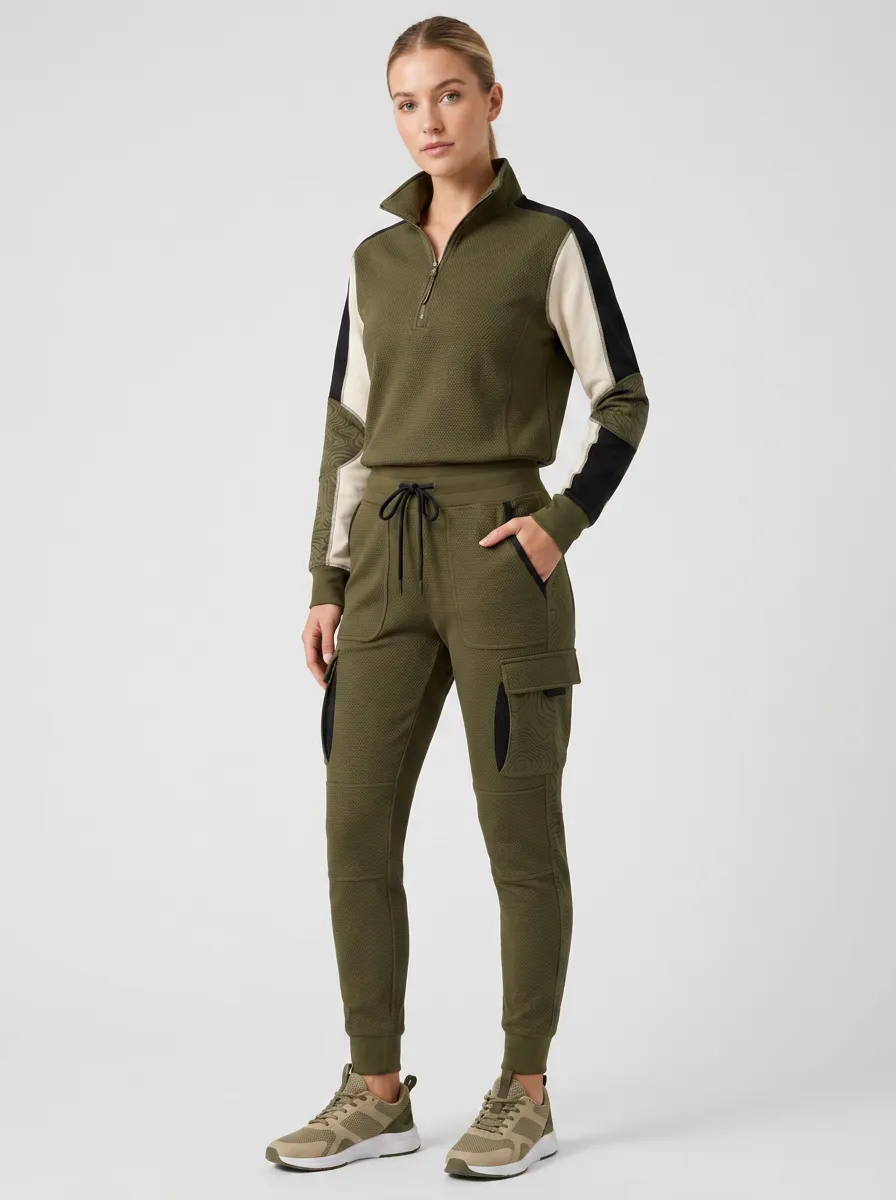 Women's Activewear Topographic Pattern Printed Quarter-Zip Cargo Jogger Set