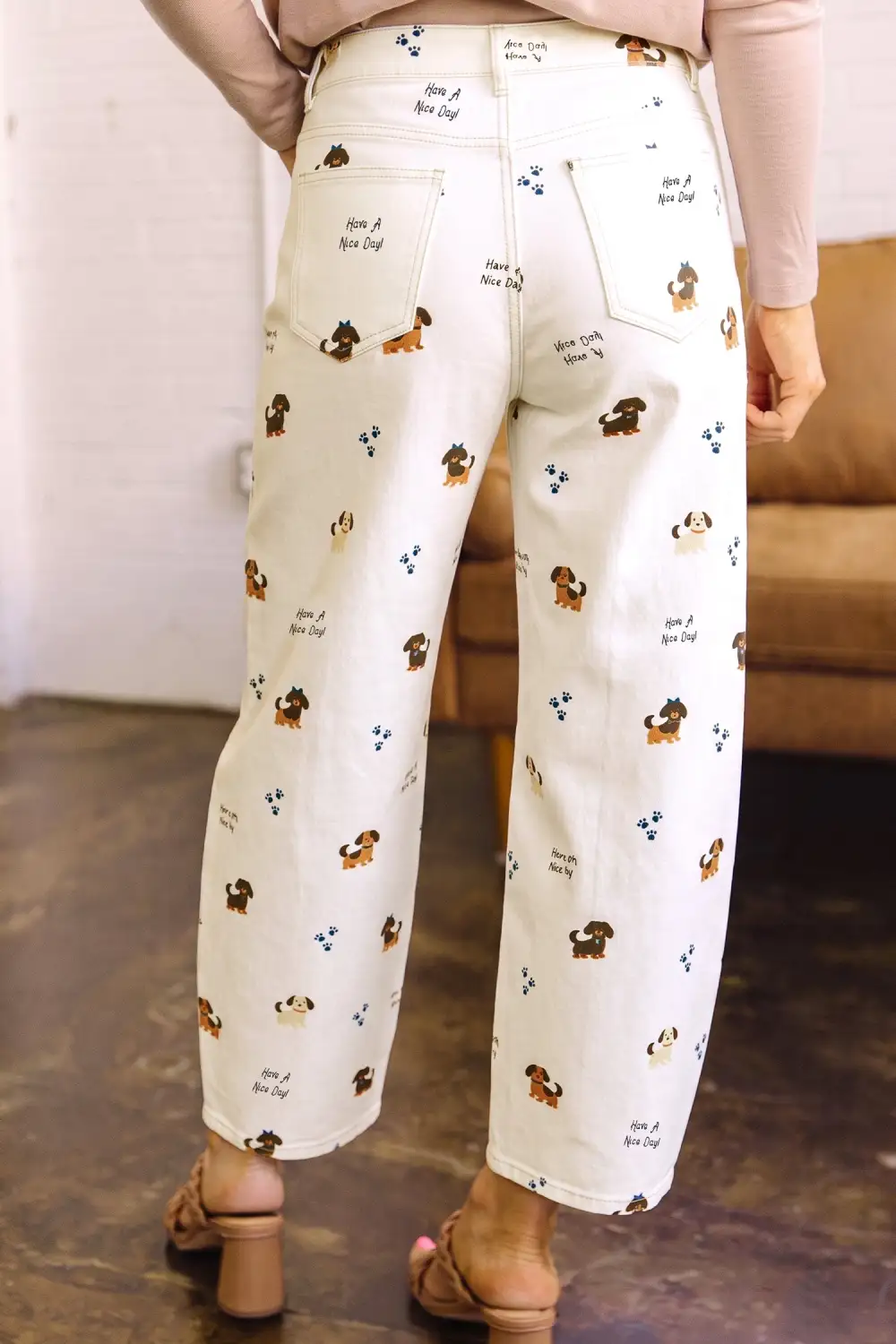 Women's Abstract Dog Print Wide Leg Full Length Jeans
