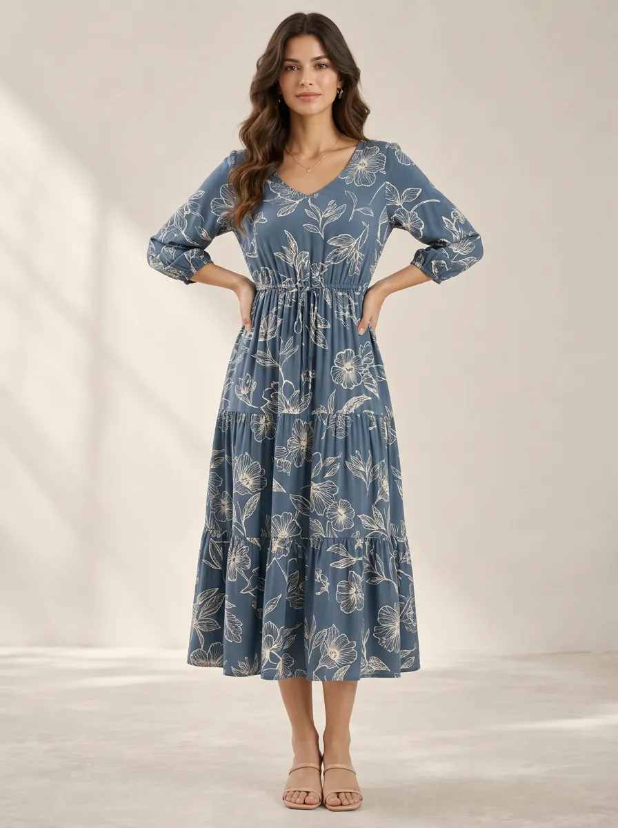 Women's Fine Detail Floral Line Art Printed Dress