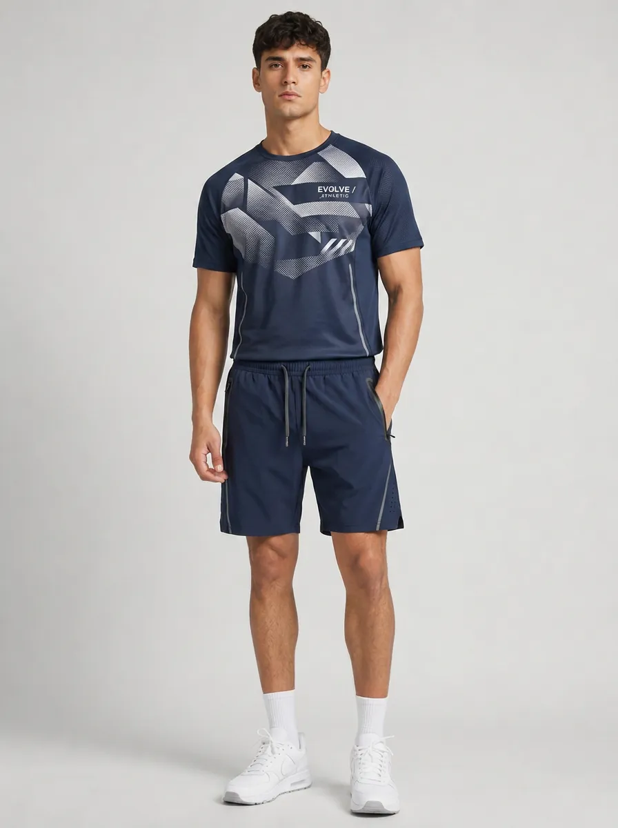 Men's Athletic Fitness Geometric Printed T-shirt and Shorts Set