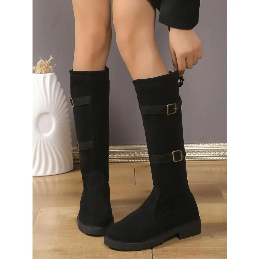 Suede Knee High Combat Boots with Double Buckle Straps