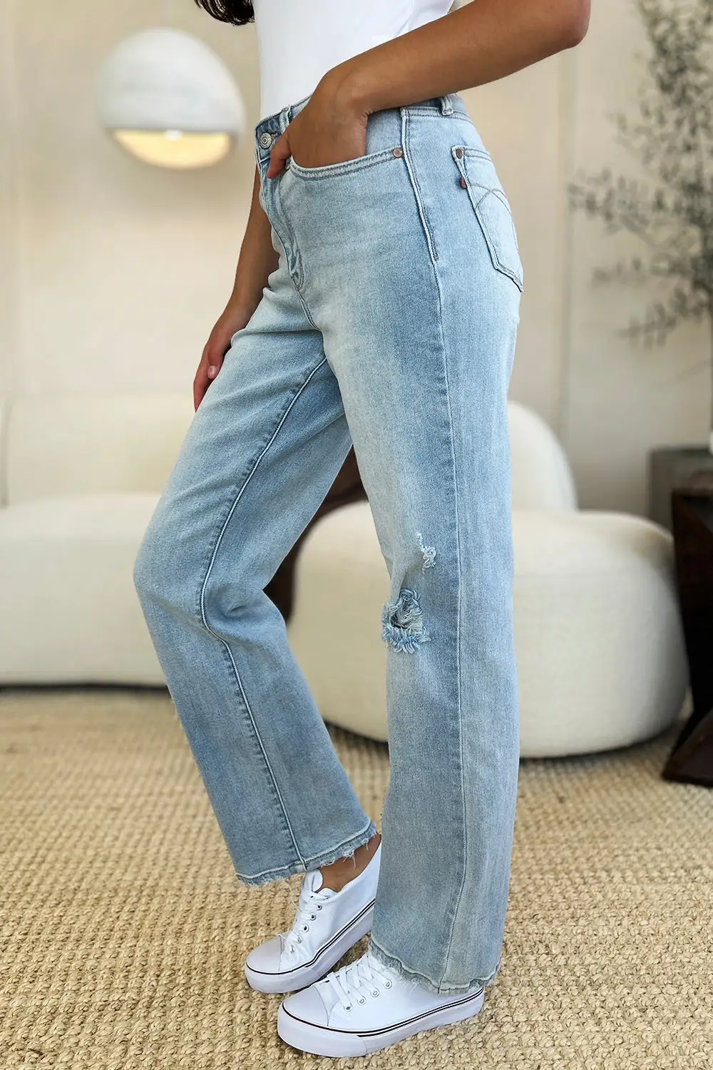 High Waist Distressed Straight Denim Jeans